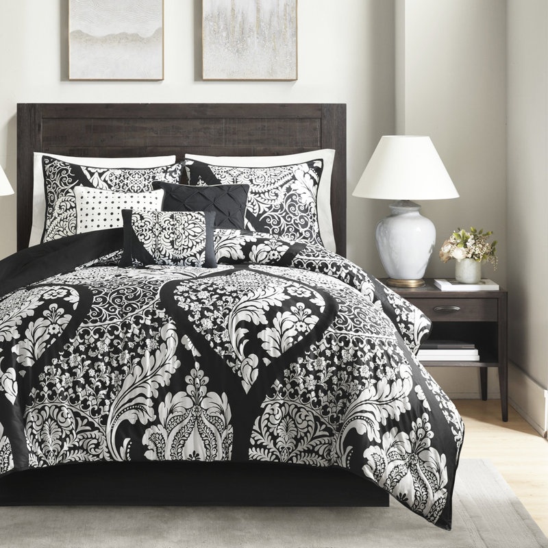 Édredon 7 pièces indigo - très grand rembourrage en coton imprimé avec coussins décoratifs, Black