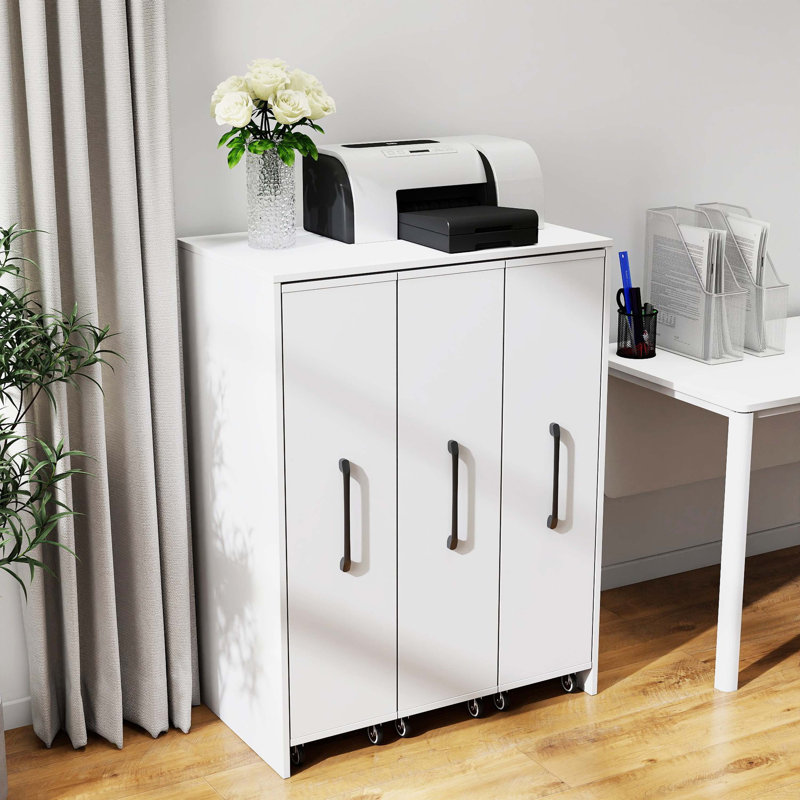 Floor-standing Bookcase with Slide-out Doors and Wheels, Hidden Storage File Cabinet