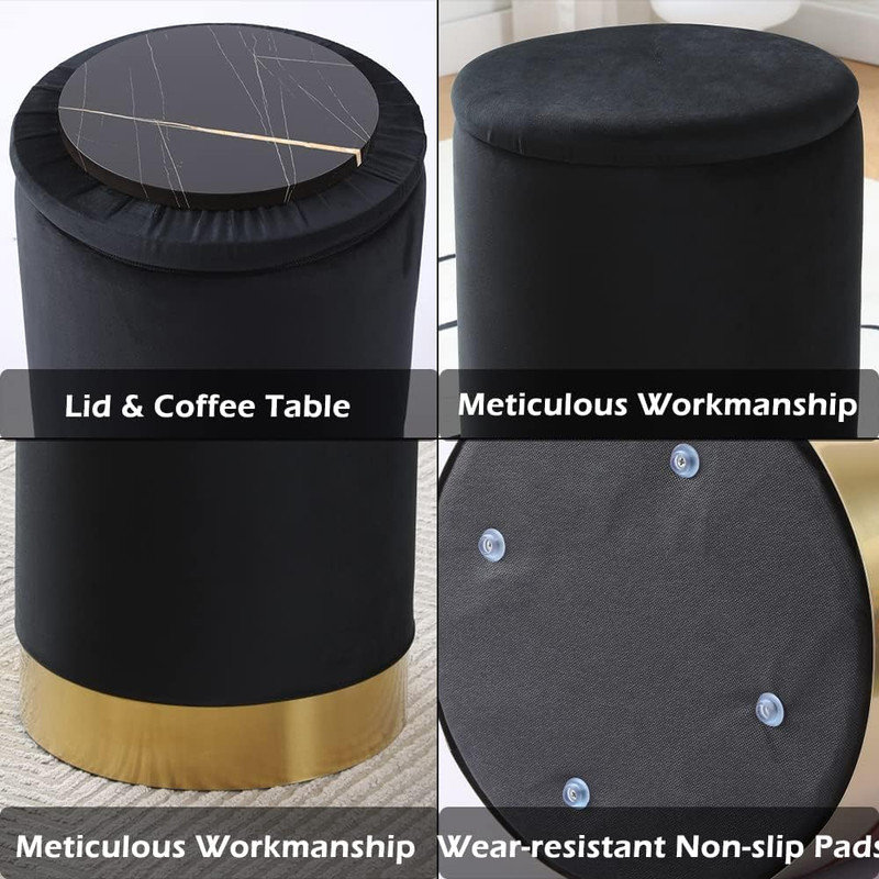 Repose-pieds de rangement rond en velours de 13,8 po Amay, Noir
