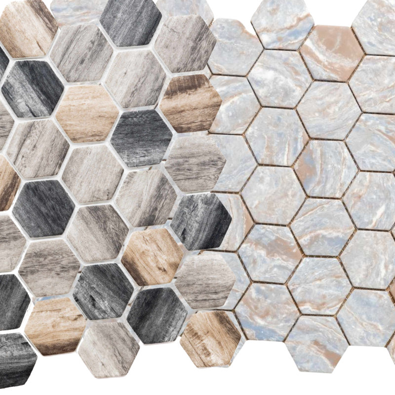 Recycled 1.88" x 1.88" Glass Honeycomb Mosaic Wall  Tile, Gray/Taupe/Black