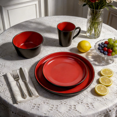 Service de table HomeVSS 8 pièces en grès ColorCore, intérieur rouge lustré et extérieur noir mat, pour 2 personnes