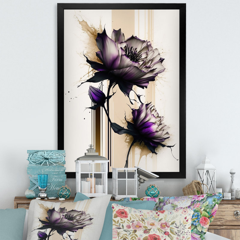 Fleur de dahlia mauve sur peinture abstraite I - impression sur toile, H 44 po x l 34 po x P 1,5 po, Cadre photo noir