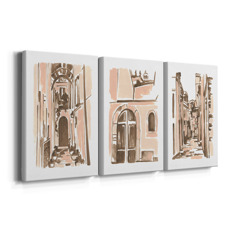 Blush Architecture Study IV  -Custom Wrapped Gallery Canvas - 3 Pieces, 12" H x 24" W