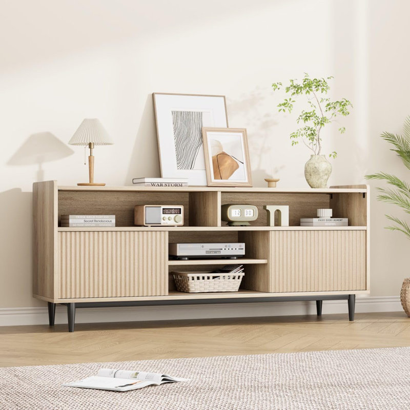 Meuble télé, meuble télé moderne avec portes coulissantes Boho, L 65 po, Bois de chêne