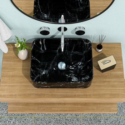 Lavabo 19 po x 15 po en céramique noire et grise à motif de marbre pour salle de bain - 19 po x 15 po
