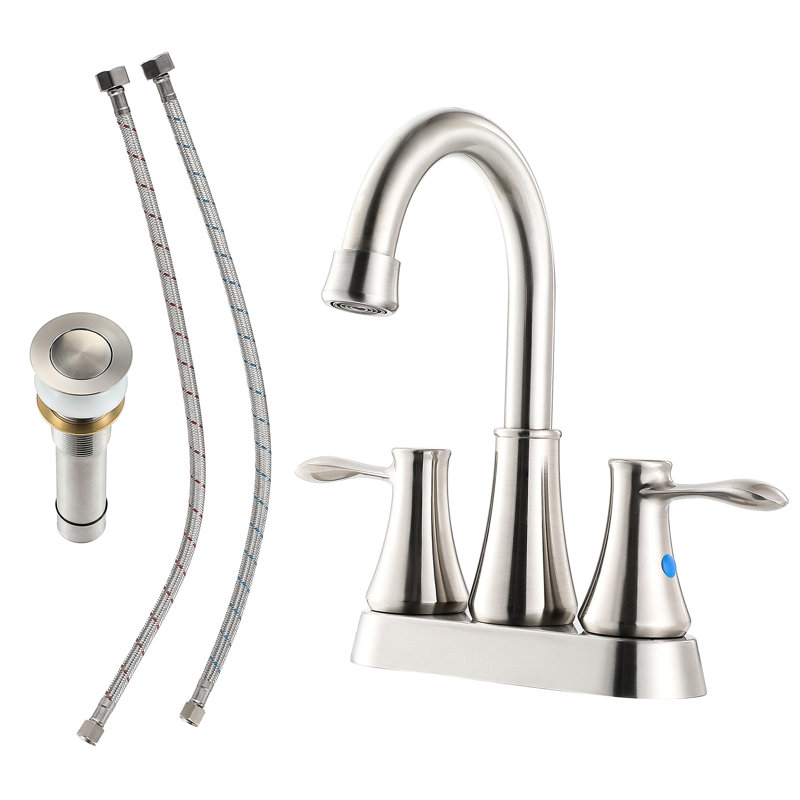 Robinet de lavabo de salle de bain en nickel brossé 4 po - Acier inoxydable, 2 poignées, bonde escamotable, conduites d'eau, débit constant