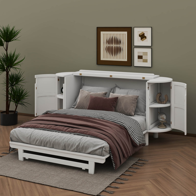 Lit escamotable élégant avec rangement dissimulé et motif tissé moderne, Blanc, Grand lit