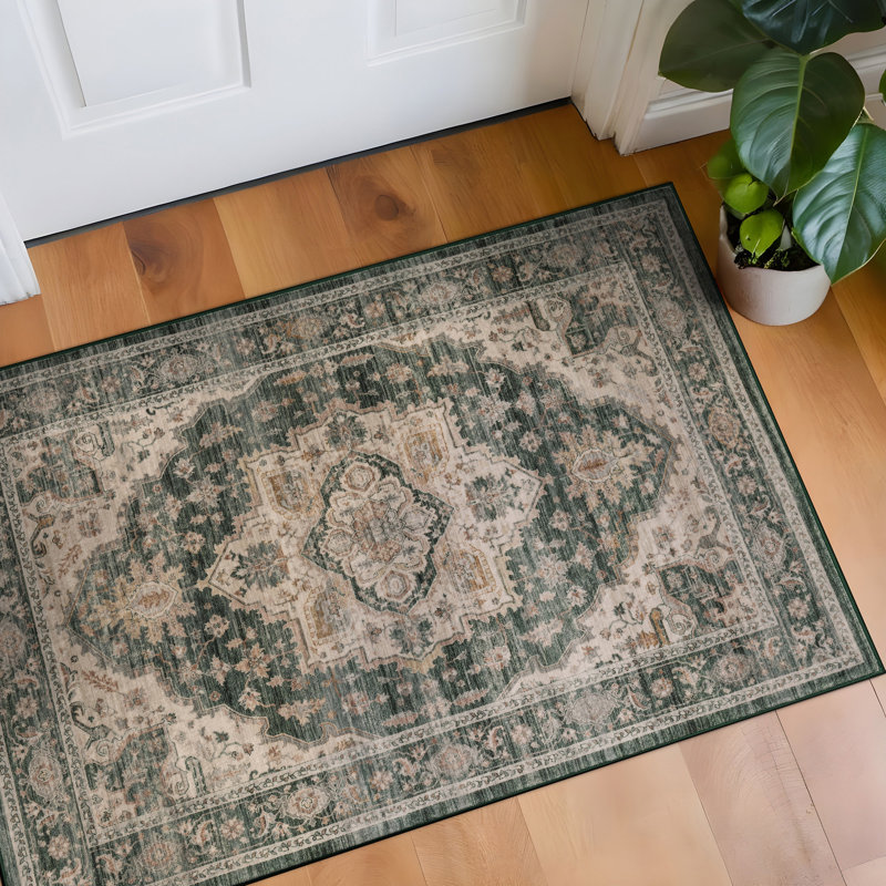 Tapis rétro vert antidérapant lavable à la machine Vintage Medallion, Vert, 2 pi x 3 pi