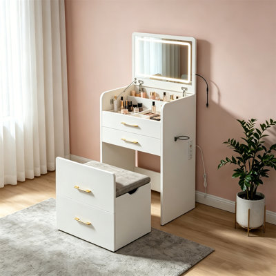 Meuble-lavabo 3 en 1 avec prise de courant et miroir DEL, coiffeuse rabattable de 23,6 po avec station de charge, 3 tiroirs, plateau en verre et tabouret rembourré pour la chambre à coucher