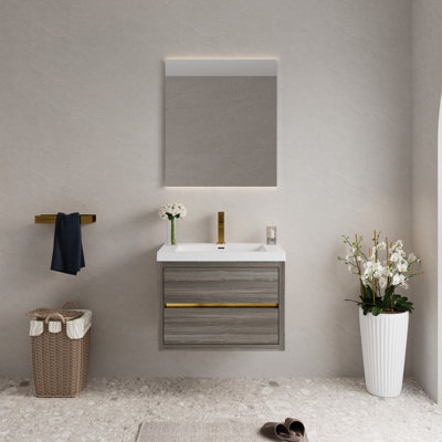 Meuble-lavabo de salle de bain 30 po en gris cendré. Flottant avec espace intérieur en forme de U. Pré-assemblé pour une installation sans tracas. Comptoir en résine de pierre. Tiroirs à fermeture silencieuse. - Armoire en bois. Grade E1