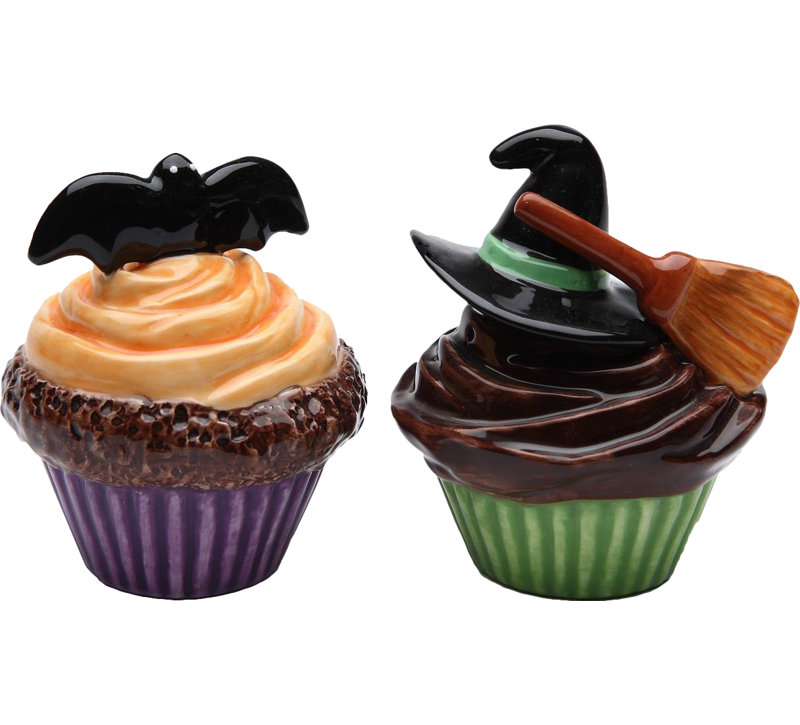 Salière et poivrière pour cupcakes chauve-souris et sorcière d'Halloween