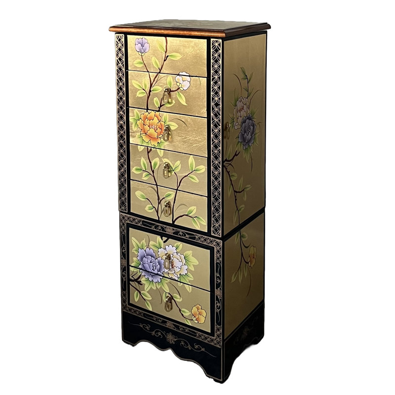 Apollonia Gold Leaf Jewellery Armoire Cabinet with Hand Painted Floral Artistry
