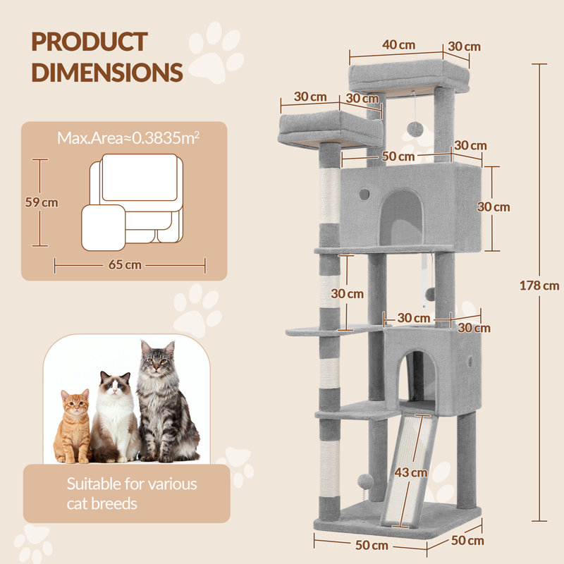 Cat Tree, Light Grey, 50 x 50 x 178 cm