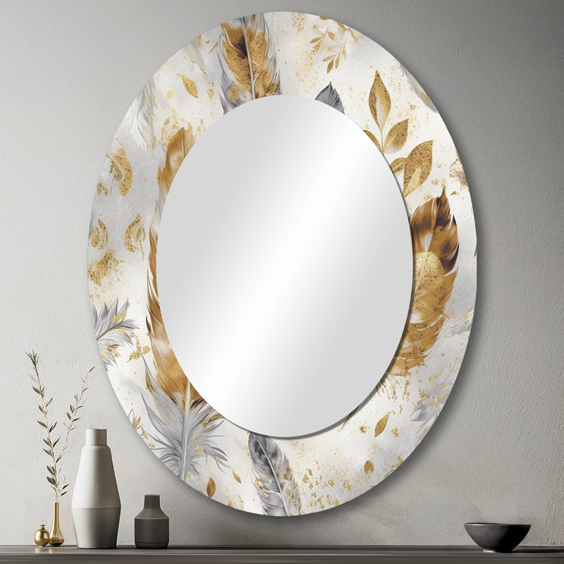 Parminder Gold and Silver Impressions of Bohemian Energy - miroir mural décoratif en plumes de Boho, grand miroir traditionnel, art imprimé en métal