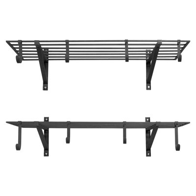 Étagère de garage murale robuste à 2 niveaux, étagère murale en acier 2 x 4 pi avec crochets, support de rangement flottant en métal 24 x 48 po par tablette pour le garage, capacité de poids totale de 520 lb, noir