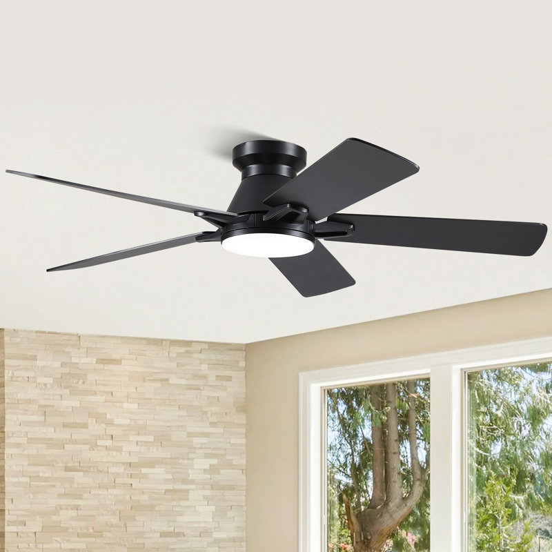 Ventilateurs de plafond à profil bas de 52 po à 5 pales avec lumières et télécommande / application, 52", Noir