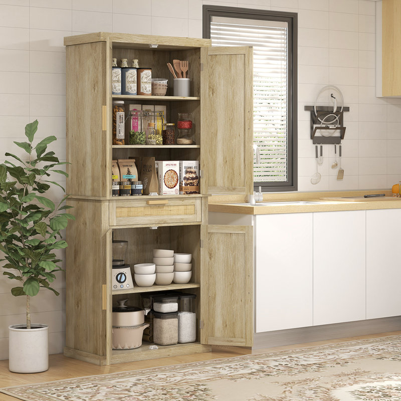 Oak and Rattan 72" Tall Kitchen Pantry Storage Cabinet