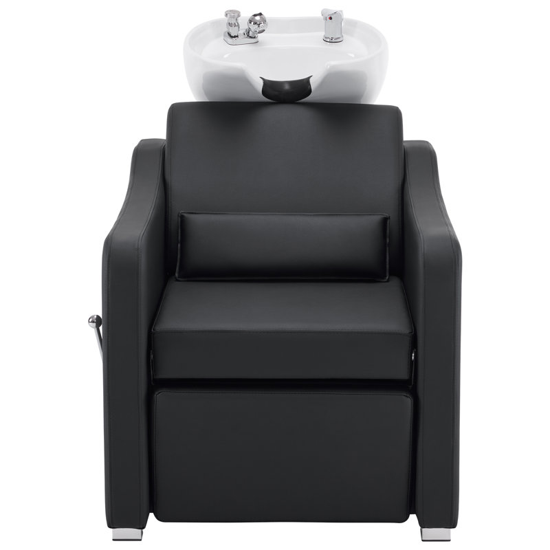 Backwash Shampoo Station Chair, Adjustable Ceramic Hair Wash Bowl with Chair, Black Faux Leather