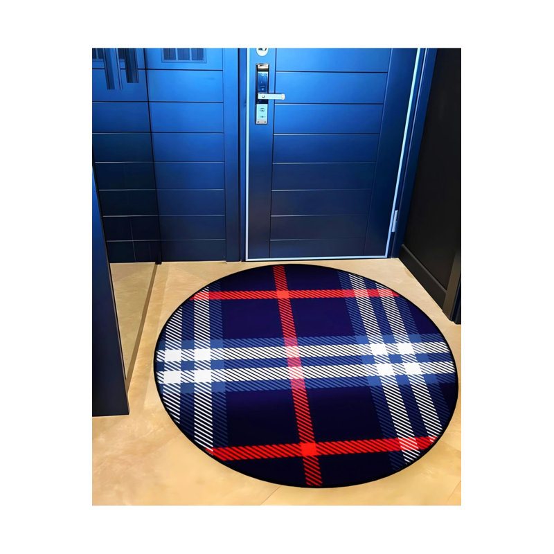 Tapis décoratif tissé à motif écossais bleu marine et rouge, Rond 3 pi 4 po