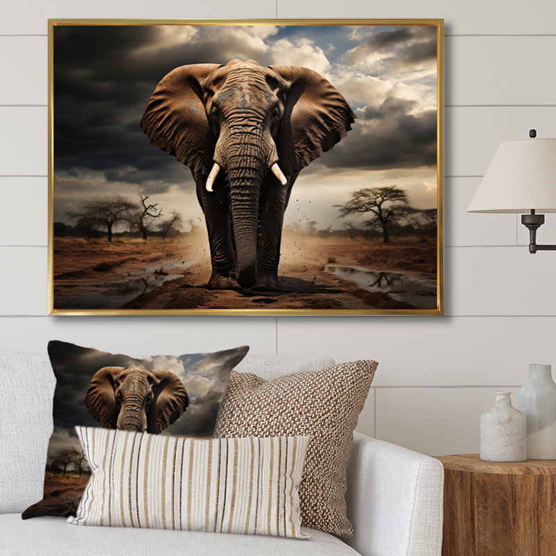 Éléphant harmonie en monochrome IV - reproduction sur toile, H 16 po x l 32 po x P 1 po, Cadre flottant doré