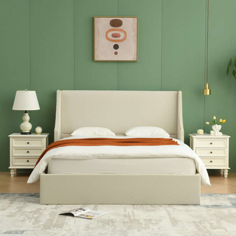 Lit plateforme tapissier avec rangement Linvel, Grand, Mélange de lin blanc