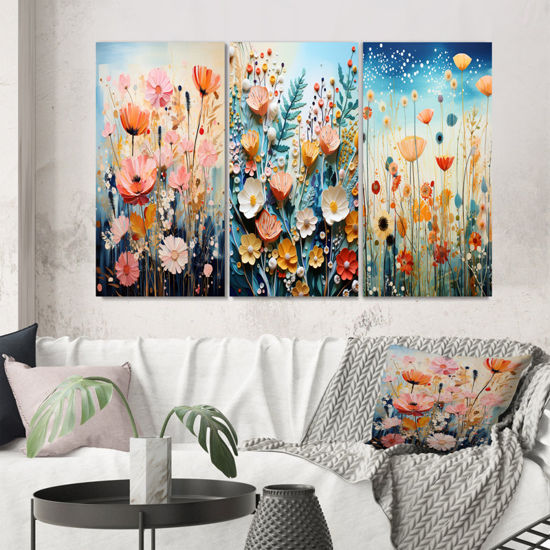 «Multicolored Flowers Collage I», 3 pièces sur toile, Toile tendue, H 20 po x l 36 po