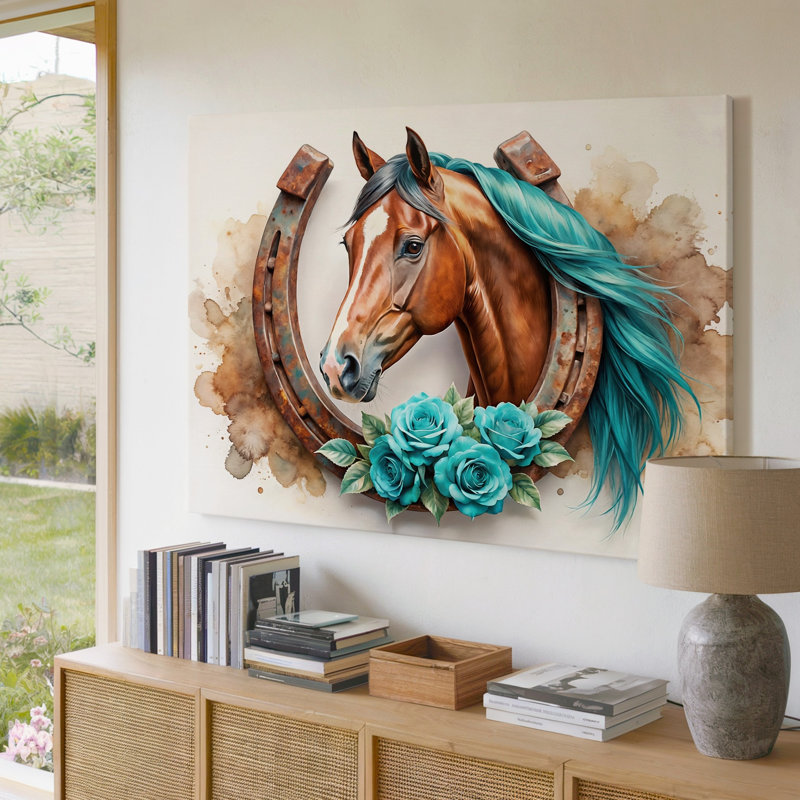 Impression sur toile brune cheval brun avec fer à cheval et crinière bleue, 30 x 40 in