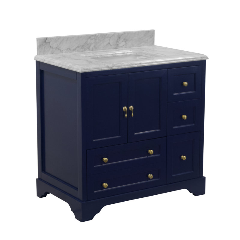 Ensemble de meuble-lavabo simple 36 po Tilford avec armoire bleu royal et comptoir en marbre de Carrare, Marbre de Carrare