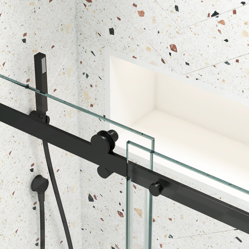 Porte de douche coulissante noire matte - Verre trempé de 5/16 po et coulissante facile d'entretien, finition Nano Clean