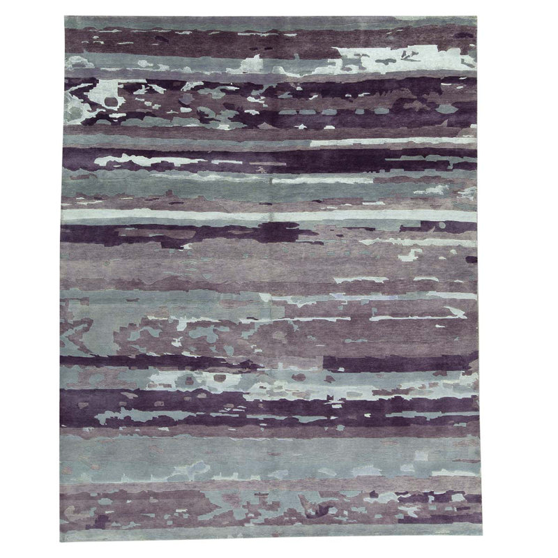 Tapis vert / beige / mauve noué à la main de conception unique 7 pi 10 po x 9 pi 9 po