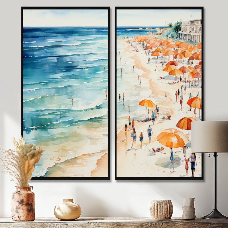 Beach Day Umbrella Parade V - Art mural côtier, 32" H x 32" W, Impression encadrée flottante, Black