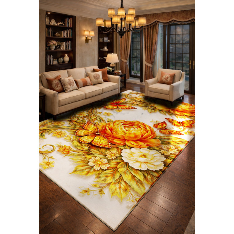 Tapis vert tissé à motif floral lavable Mosso, 3'11" x 5'11"