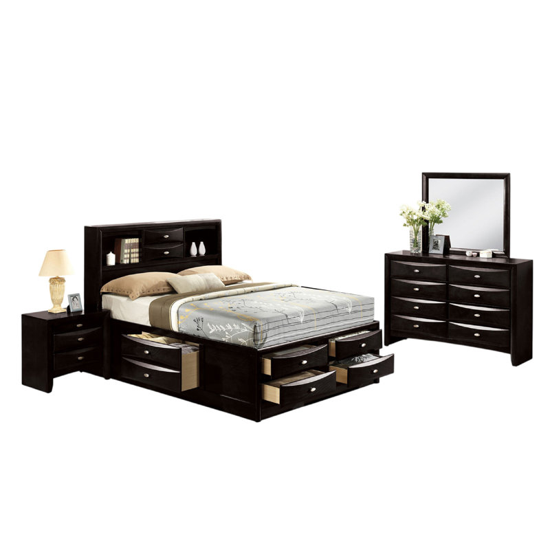 Ensemble de chambre à coucher grand lit 4 pièces Simo avec tiroirs, noir, Quatre pièces : lit, commode, miroir et table de