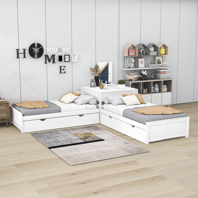 Twin Size 2 Drawers Wooden L-shaped Platform Beds with Trundle and Built-in Table, White