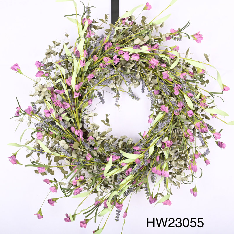 26" Spring Summer Mini Eucalyptus Front Door Wreath, Green/Purple