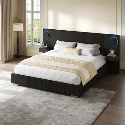 Lit plateforme tapissier avec lumières circulaires à DEL, ports de chargement USB et tiroirs de rangement latéraux