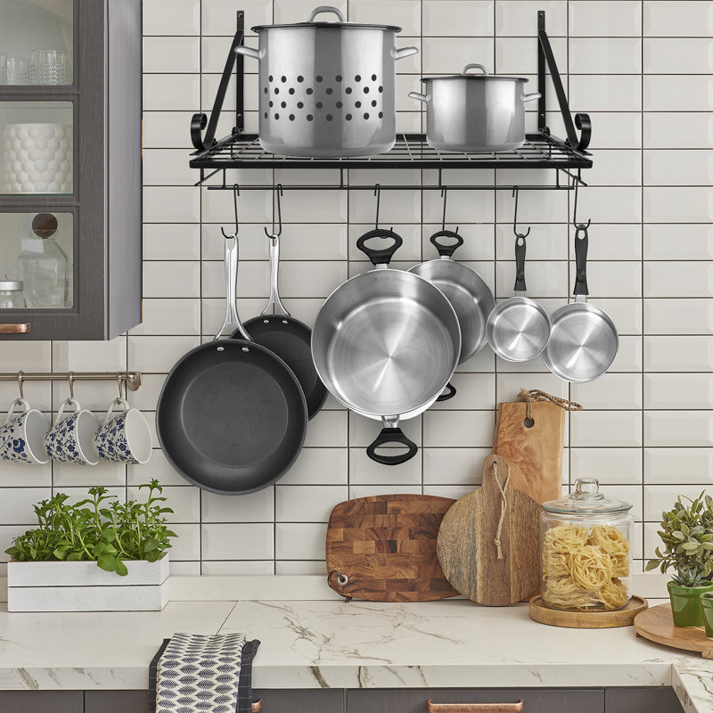 Black Metal Wall-Mounted Pot and Pan Rack with Hooks