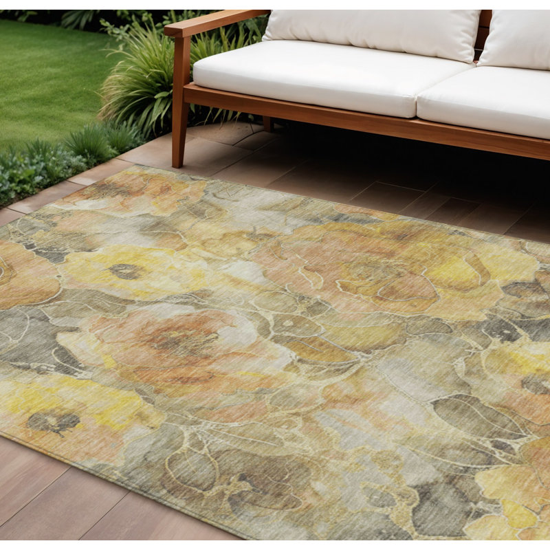 Tapis intérieur lavable floral doré et gris 9 pi x 12 pi