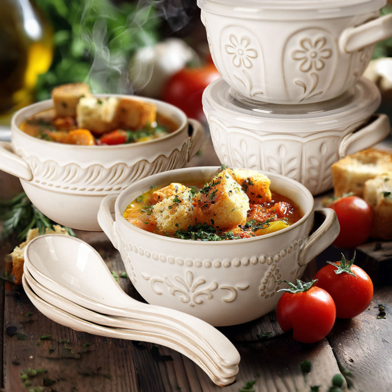 16-Piece Embossed Ceramic Dinnerware Set with Lids & Spoons - Set for 4