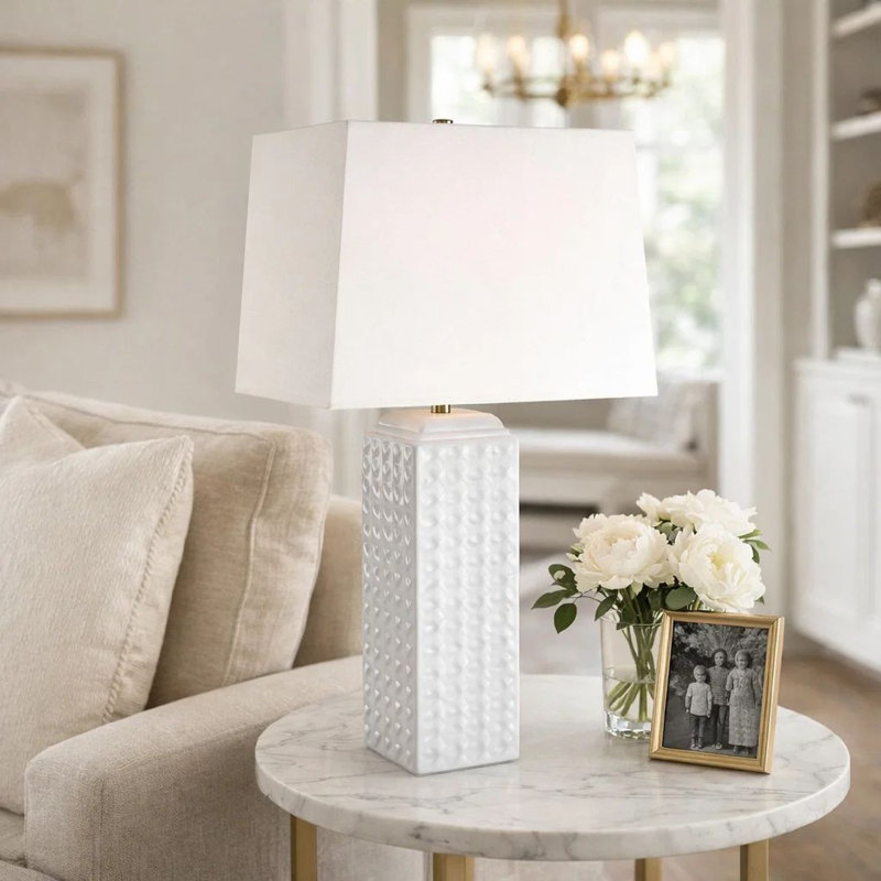 Lampe de table, abat-jour en lin, bouton 3D en céramique blanc brillant, 25 pouces