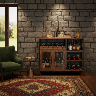 Cette armoire à vin multifonctionnelle de style rétro est un grand modèle brun rétro qui combine les fonctions d'un bar à café, d'un buffet et d'une armoire buffet. Il comprend un porte-bouteilles amovible, un porte-verres et des portes en filet pour un rangement pratique.
