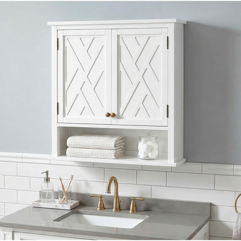 Armoire de salle de bain murale peu encombrante avec portes de style Shaker, tablette réglable et rangement ouvert Lund