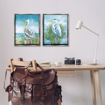 «Pelican & Heron» par Beachside, ensemble de 2 toiles flottantes encadrées grises, design par Diane Kater