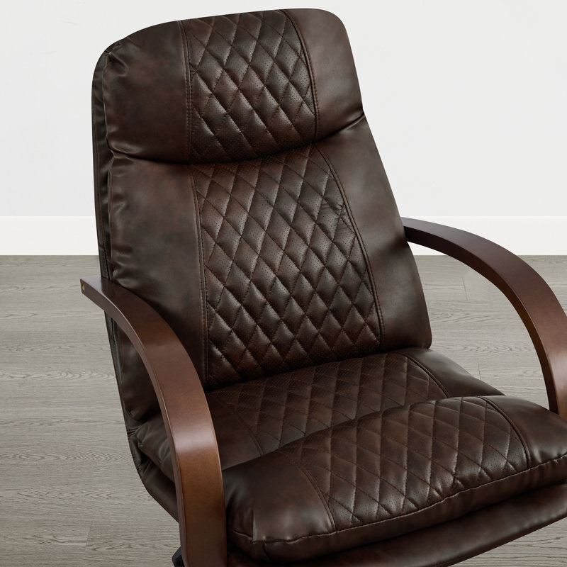 Mid-Century Diamond-Stitched 360° Swivel Office Chair, Genuine Leather Espresso