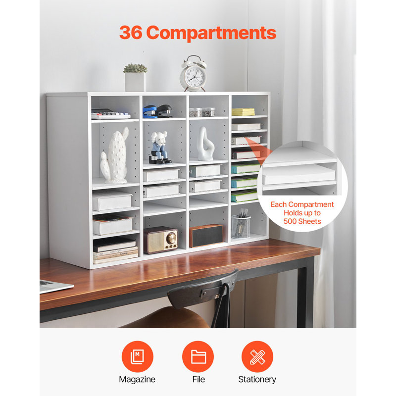 Organisateur de documents, boîte aux lettres de bureau à 36 compartiments avec tablettes réglables, trieur de boîtes aux lettres en bois, panneau de fibres à densité moyenne, rangement en classe pour les dossiers, documents, papiers, blanc