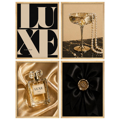 Luxurious Framed Wall Art Prints Set of 4 - Gold and Black Luxury Items for Living Room or Bedroom