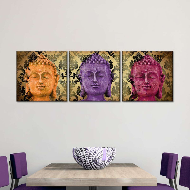 Bouddha, bouddhas colorés sur toile, 3 pièces, H 8 po x l 26 po x P 1 po
