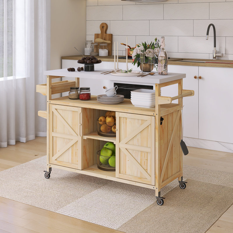 50" Stainless Steel Countertop Kitchen Cart With Spice Rack & Towel Rack, Natural