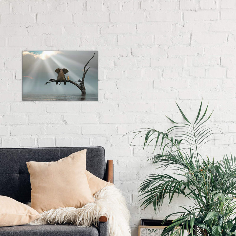 Elephant And Dog Are Sitting On A Tree Fleeing A Flood by Mike Kiev - Wrapped Canvas Print