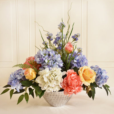 Silk Hydrangea and Peonies Floral Arrangement in Decorative Vase